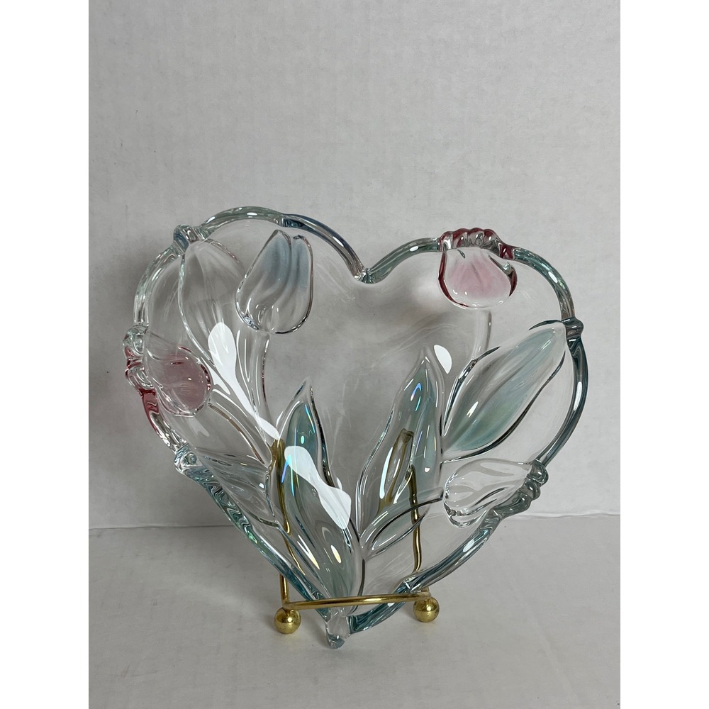Vintage Mikasa Crystal Heart Bowl Cottagecore Iridescent Embossed Tulip Glass